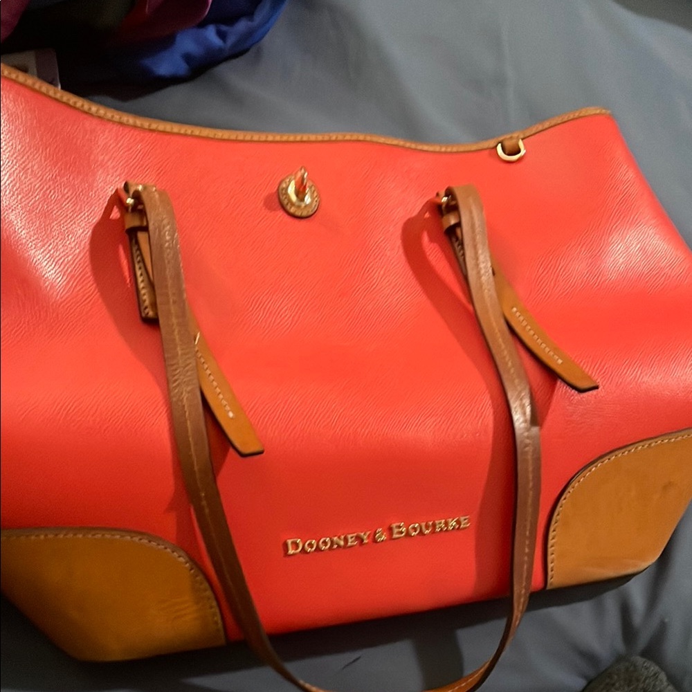 Dooney & Bourke Red and Tan Leather Tote with Structured Design